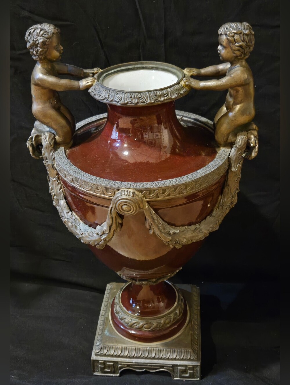 Antique Wong Lee 1895 Cherub Bronze & Burgundy Urn Vase